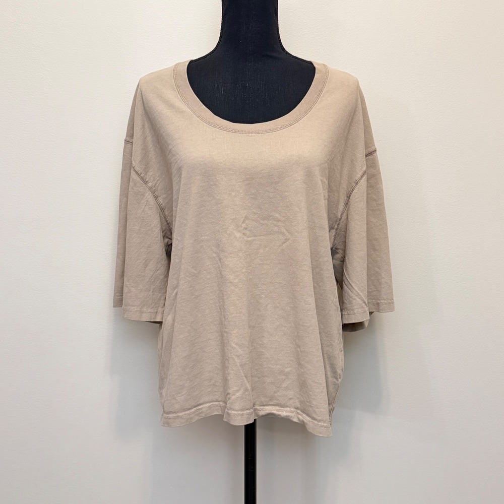 Zara Womens S Tan‎ Beige Oversized Scoop Neck Cotton T-Shirt Elbow Sleeve Casual
